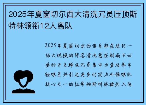 2025年夏窗切尔西大清洗冗员压顶斯特林领衔12人离队
